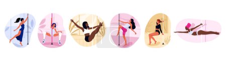 Illustration for Set of pole dance performers at a studio. Beautiful young girls dancing on the pylon. Pole dancing, fitness and sport lifestyle collection. Vector illustration in cartoon style. Isolated white background. - Royalty Free Image