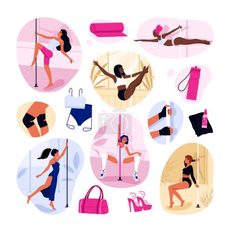 Illustration for Set of pole dance elements. Pole dancers, accessories and outfits. Pole dancing, fitness and sport lifestyle collection. Vector illustration in cartoon style. Isolated white background - Royalty Free Image