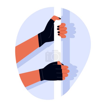 Illustration for Female hands in sports gloves holding a pylon. Sportswear and hand protection. Equipment for dance, fitness and sport. Vector illustration in cartoon style. Isolated white background - Royalty Free Image