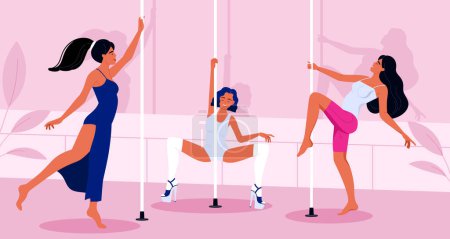 Photo for Three young girls in a pole dancing training class at a dance studio. Scene of women in dance studio. Pole dancing, fitness and sport lifestyle. Isolated vector illustration in cartoon style - Royalty Free Image