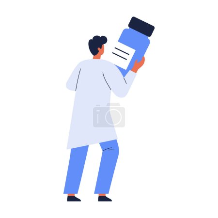 Photo for Tiny doctor pharmacist holding medication or vaccine vial. Medicine, treatment, and health care concept. Vector illustration in cartoon style. Isolated on white background. - Royalty Free Image