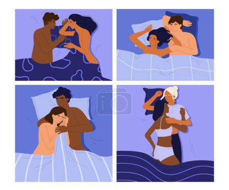 Photo for Love couple sleeping after sex in bed set. Intimacy and romantic relationships concept collection. Vector illustration in cartoon style. Isolated white background. - Royalty Free Image