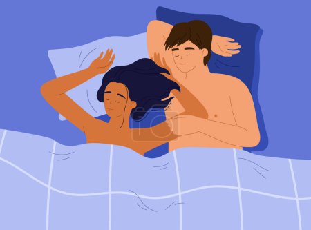 Liebespaar schläft nach dem Sex im Bett zusammen. Mann und Frau liegen nach Intimität. Sexuelle und romantische Beziehungen. Vektorillustration im Cartoon-Stil. Isolierter Hintergrund.