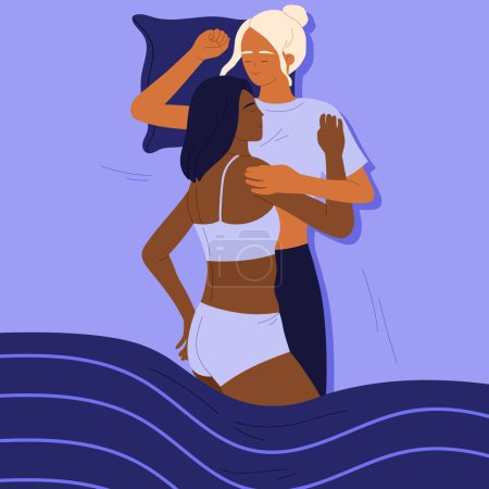 Lesbische Mädchen schlafen nach dem Sex im Bett zusammen. LGBT-Frauen lügen nach Intimität. Sexuelle und romantische Beziehungen. Vektorillustration im Cartoon-Stil. Isolierter Hintergrund.