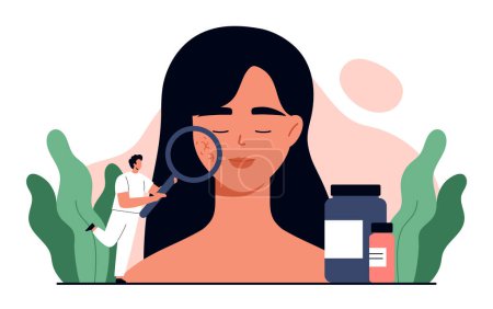 Photo for Couperose concept. Dermatologist doctor holding magnifying glass and examining rosacea on woman face. Dermatology treatment and skincare. Isolated vector illustration in cartoon - Royalty Free Image