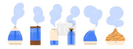 Moderner Luftbefeuchter, Sammlung von ätherischen Ölen. Set kühler Befeuchter mit Nebel. Verschiedene Geräte zur gesunden Befeuchtung der Luft im Haus. Vektorillustration im Cartoon-Stil. Isoliert auf weißem Hintergrund