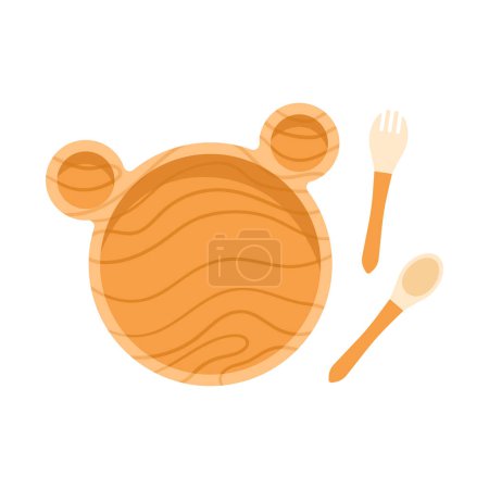 Photo for Bear kid tableware. Wooden plate, fork, spoon for child. Kids eco-friendly utensils. Baby nutrition and feeding lifestyle concept. Isolated vector illustration in cartoon style - Royalty Free Image