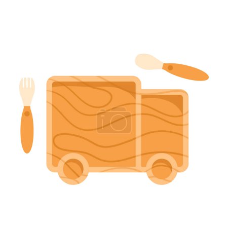 Photo for Truck, car kid tableware. Wooden plate, fork, spoon for child. Kids eco-friendly utensils. Baby nutrition and feeding lifestyle concept. Isolated vector illustration in cartoon style - Royalty Free Image