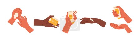 Photo for Hands use spf cream set. Sunscreen, sunblock product collection. Skin care and sun protection concept. Isolated vector illustration in cartoon style - Royalty Free Image