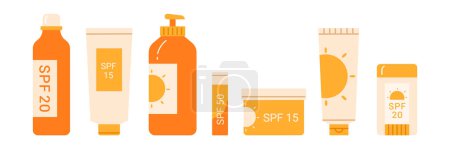 Photo for Set of different sunscreen cosmetic: lotion, cream, spray. lipstick. Sunblock product collection. Skin care, hydration and sun protection concept. Isolated vector illustration in cartoon style - Royalty Free Image