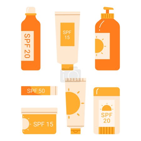 Photo for Set of different sunscreen cosmetic: lotion, cream, spray. lipstick. Sunblock product collection. Skin care, hydration and sun protection concept. Isolated vector illustration in cartoon style - Royalty Free Image