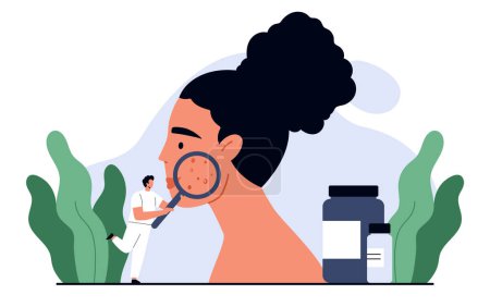 Photo for Acne concept. Dermatologist doctor holding magnifying glass and examining acne on woman face. Skin problem, dermatology treatment and skincare. Isolated vector illustration in cartoon style - Royalty Free Image