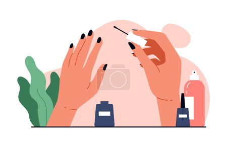 Female hands applying nail polish concept. Woman hands with a manicure. Nail care, beauty treatment aesthetic. Vector illustration in cartoon style. Isolated white background