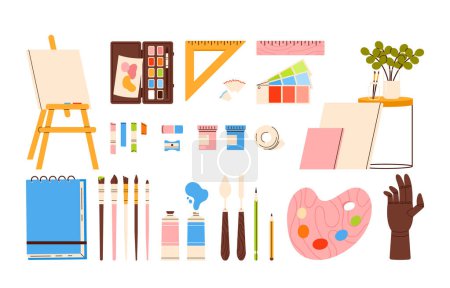 Photo for Artists tools set. Drawing supplies collection. Draw equipment: palette, easel, brushes, pencils, canvas. Vector illustration in cartoon style. Isolated on white background. - Royalty Free Image