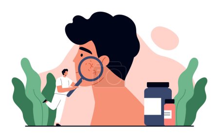 Photo for Couperose concept. Dermatologist doctor holding magnifying glass and examining rosacea on man face. Dermatology treatment and skincare. Isolated vector illustration in cartoon - Royalty Free Image