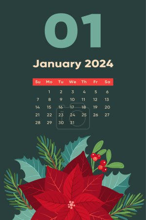 Illustration for Floral January 2024 calendar template. With bright colorful flowers and leaves. Editable page template with illustrations. Vector mesh. The week starts on Sunday. - Royalty Free Image