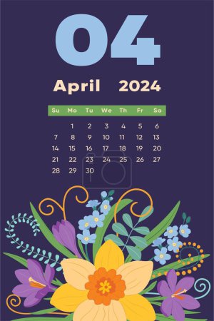 Floral abril 2024 plantilla de calendario. Con flores y hojas de colores brillantes. Plantilla de página editable con ilustraciones. Malla vectorial. La semana comienza el domingo.