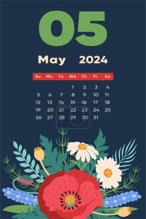 Illustration for Floral May 2024 calendar template. With bright colorful flowers and leaves. Editable page template with illustrations. Vector mesh. The week starts on Sunday. - Royalty Free Image