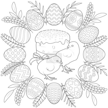 Ilustración de Corona de huevo de Pascua con gallinas y pastel de Pascua. Página para colorear para niños y adultos. Patrones de relajación y meditación. Ilustración vectorial - Imagen libre de derechos