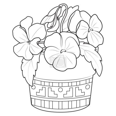 Ilustración de Violets in a pot outline icons. Black and white Violets, pansies. Coloring page for kids and adults. Vector illustration - Imagen libre de derechos