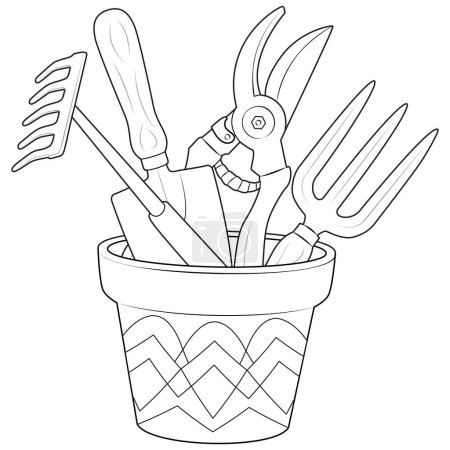Illustration for Gardening tools in a pot outline icons. Black and white Engraved vector of various tools, shovel, rake, pruner. Coloring page for kids and adults. Vector illustration - Royalty Free Image