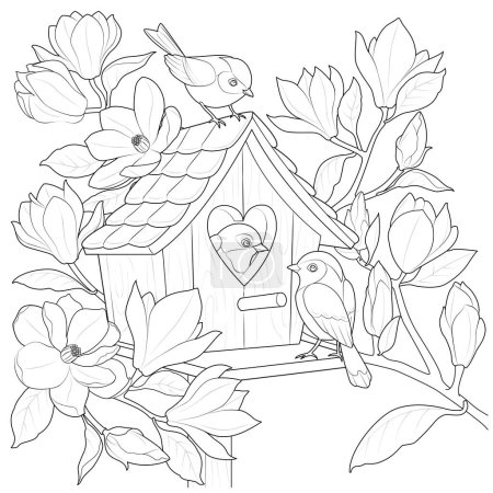 Illustrazione per Birds in the birdhouse on a magnolia branch. Black and white. Art therapy Coloring page for kids and adults. Page for relaxation and meditation. Vector contour illustration. - Immagini Royalty Free