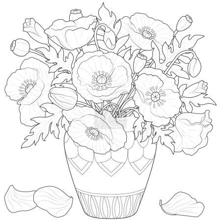 Illustration for Poppy flowers in a vase. Art therapy Coloring page for kids and adults. Black and white Vector illustration isolated on White Background. - Royalty Free Image