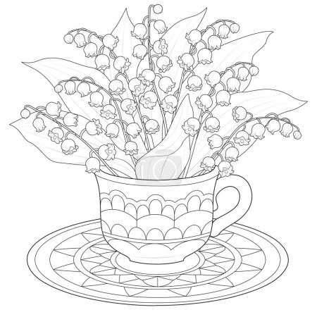 Bouquet of lilies of the valley in a cup vector. Black and white. Art therapy Coloring page. Vector illustration