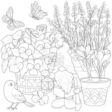 Gnomo de jardín con aves y flores. Página para colorear de terapia de arte para niños y adultos. Blanco y negro aislado sobre fondo blanco. Ilustración vectorial