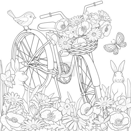 Foto de En un prado floreciente con conejos. Ilustración en blanco y negro para colorear. Página para colorear de terapia de arte. Ilustración vectorial - Imagen libre de derechos