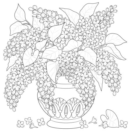Bouquet of lilacs in a vase with an ornament. Black and white. Art therapy Coloring page. Vector illustration