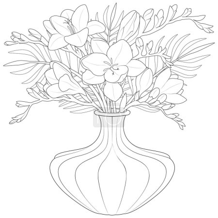 Vase of freesia flowers vector. Bouquet in a vase. Coloring page for kids and adults. Vector illustration