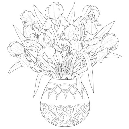 Vase with irises black and white Coloring page for kids and adults. Irises, spring flowers. Bouquet in a vase. Vector illustration