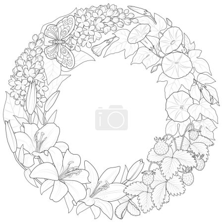 Illustration for Summer wreath with beautiful flowers and strawberries. Hand drawn artwork. Love concept for wedding invitations, cards, tickets, congratulations. Black and white. Vector illustration - Royalty Free Image