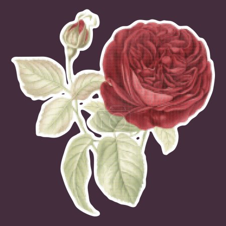 Halftone red rose collage element in y2k style, vintage punk, silhouette dots rose. Vector illustration