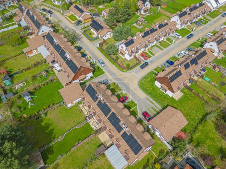 Photo for Aerial view of modern residential area with solar panels. - Royalty Free Image