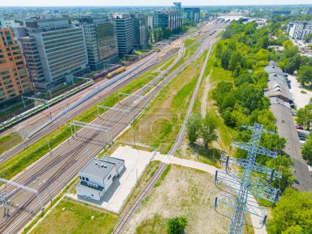 Photo for Aerial railway station. International and domestic trains does arrival and departure from here. Train platform aerial view. - Royalty Free Image