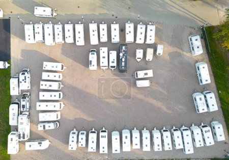 Photo for Aerial photo of a caravan storage yard showing rows of caravans - Royalty Free Image