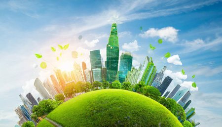 Ökologiekonzept mit grüner Stadt auf der Erde, Weltumwelt und nachhaltigem Entwicklungskonzept