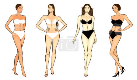 Fashion illustration of outline, young women in lingerie and in bikini, vector set, isolated, on white background.