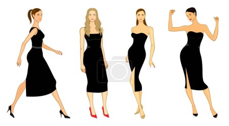 Vector fashion illustration of outline posing girls in sheath and cocktail black dresses, set, isolated, on white background.