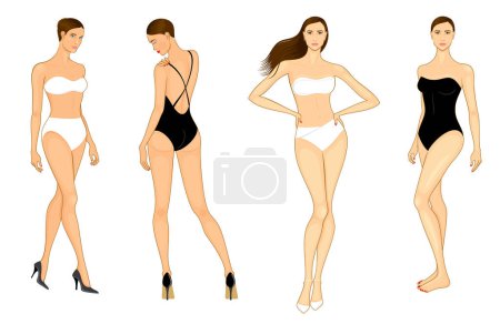 Foto de Ilustración vectorial de moda de contorno, posando chicas jóvenes en traje de baño y en bikini, conjunto vectorial, aislado, sobre fondo blanco. - Imagen libre de derechos