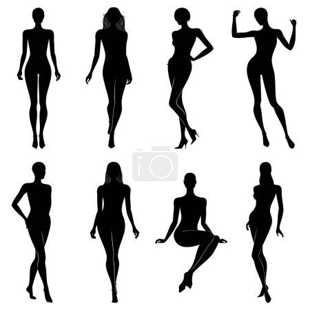 Foto de Ilustración de moda vectorial de conjunto de siluetas de cuerpo femenino en color negro, aisladas, sobre fondo blanco. - Imagen libre de derechos