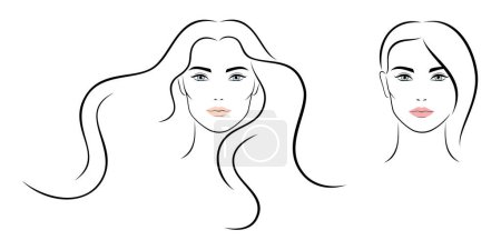 Téléchargez les illustrations : Ensemble vectoriel de contours, portraits abstraits du visage féminin, vue frontale, isolé, illustration sur fond blanc. - en licence libre de droit