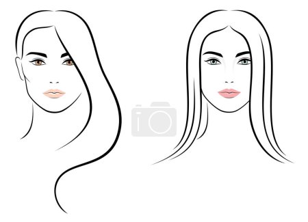 Vektor-Umrisse, abstrakte weibliche Gesichtsporträts, Frontalansicht, isoliert, Illustration auf weißem Hintergrund.