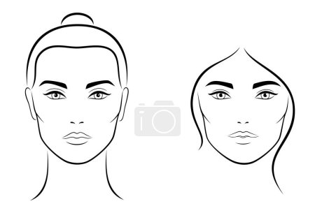 Vector set of outline, abstract female face portraits, frontal view, isolated, illustration on white background.