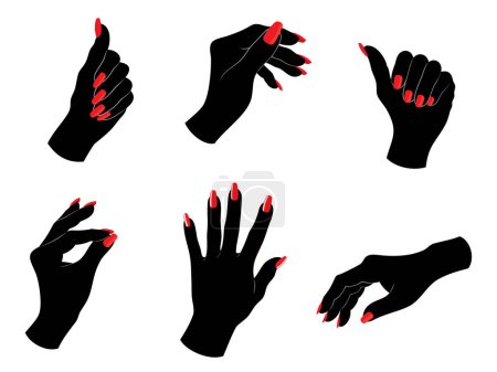 Vektor-Set aus verschiedenen weiblichen Handflächen-Silhouetten mit roten Nägeln, isoliert, Abbildung auf weißem Hintergrund.