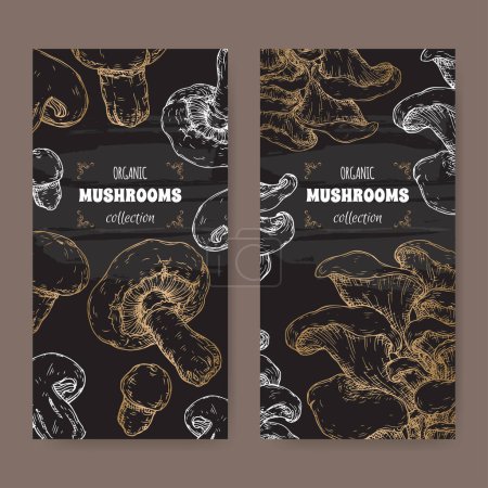 Illustration for Two labels with Agaricus bisporus aka common mushroom and Pleurotus ostreatus aka oyster mushroom sketch on black. Edible mushrooms series. Great for cooking, traditional medicine, gardening. - Royalty Free Image
