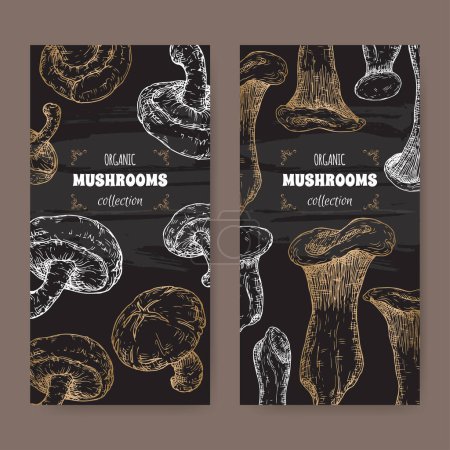 Illustration for Two labels with Lentinula edodes aka shiitake and Pleurotus eryngii aka king oyster mushroom sketch on black. Edible mushrooms series. Great for cooking, traditional medicine, gardening. - Royalty Free Image