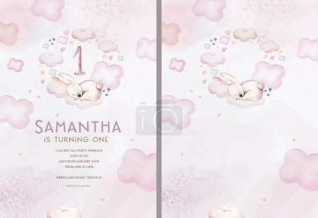 Téléchargez les photos : Watercolor hand drawn illustration of a cute baby bunny rabbit sleeping on the moon and the cloud. Baby Shower Theme Invitation birthday Template. - en image libre de droit